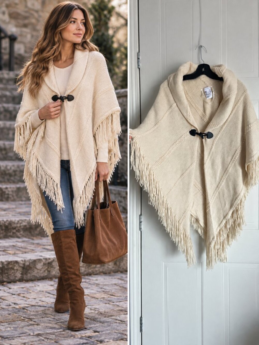Charter Club Cream Cable Knit Poncho Cape Fringe Toggle Boho Cottagecore OS